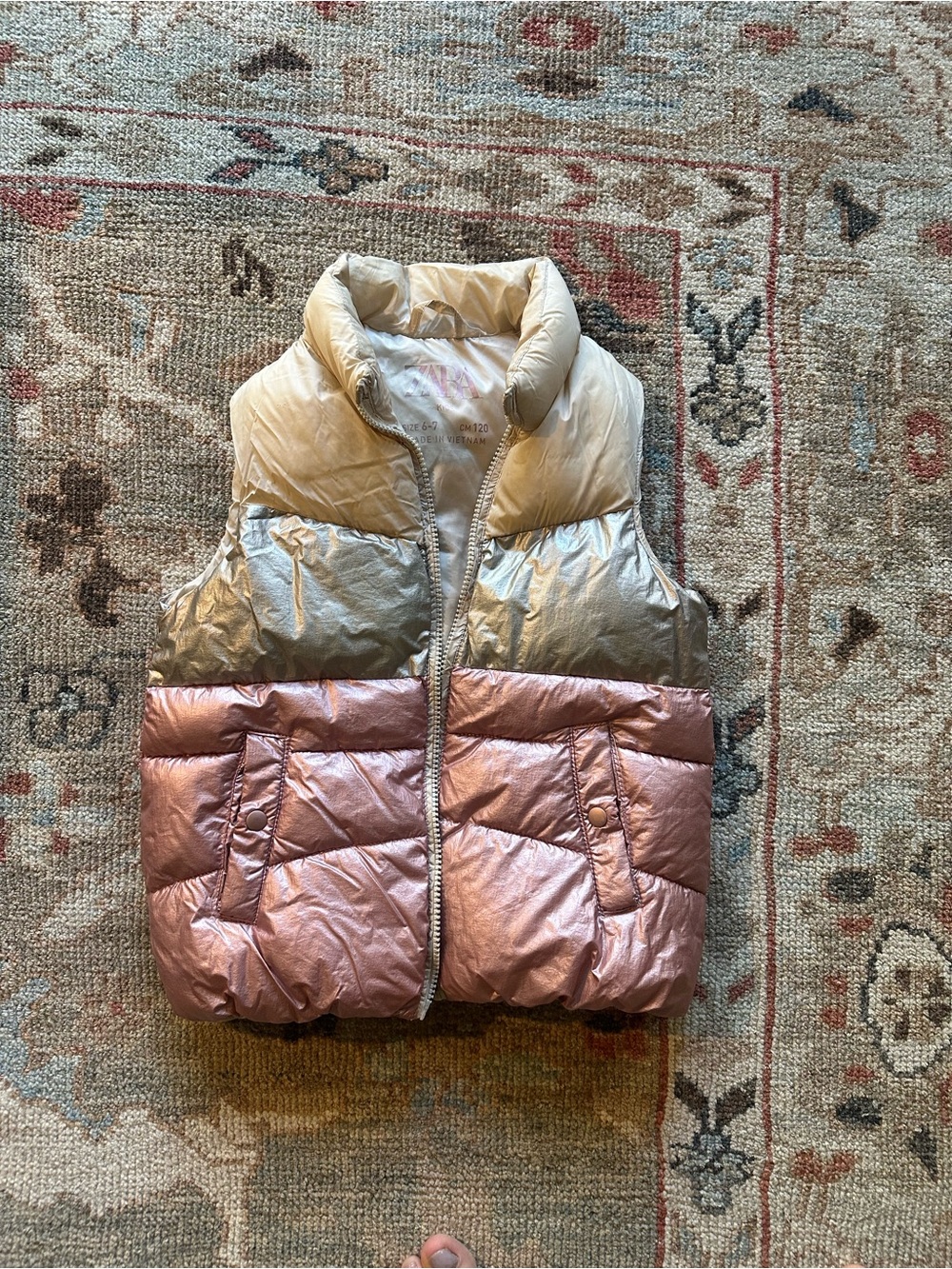 Zara Metallic Pink, Silver & Cream Puffer Vest